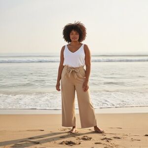 Women's Two Piece Set- White Tank and Tan Wide-Leg Pants XL